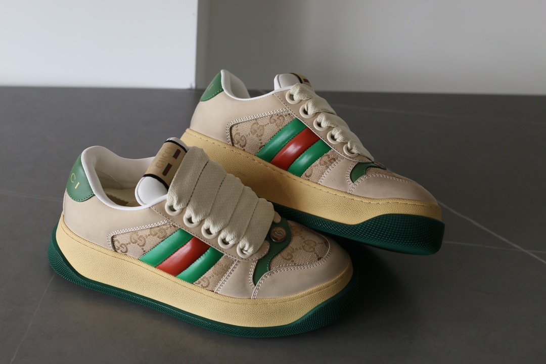 Gucci Screener Leather Lace-Up Sneakers Unisex Green - Image 7