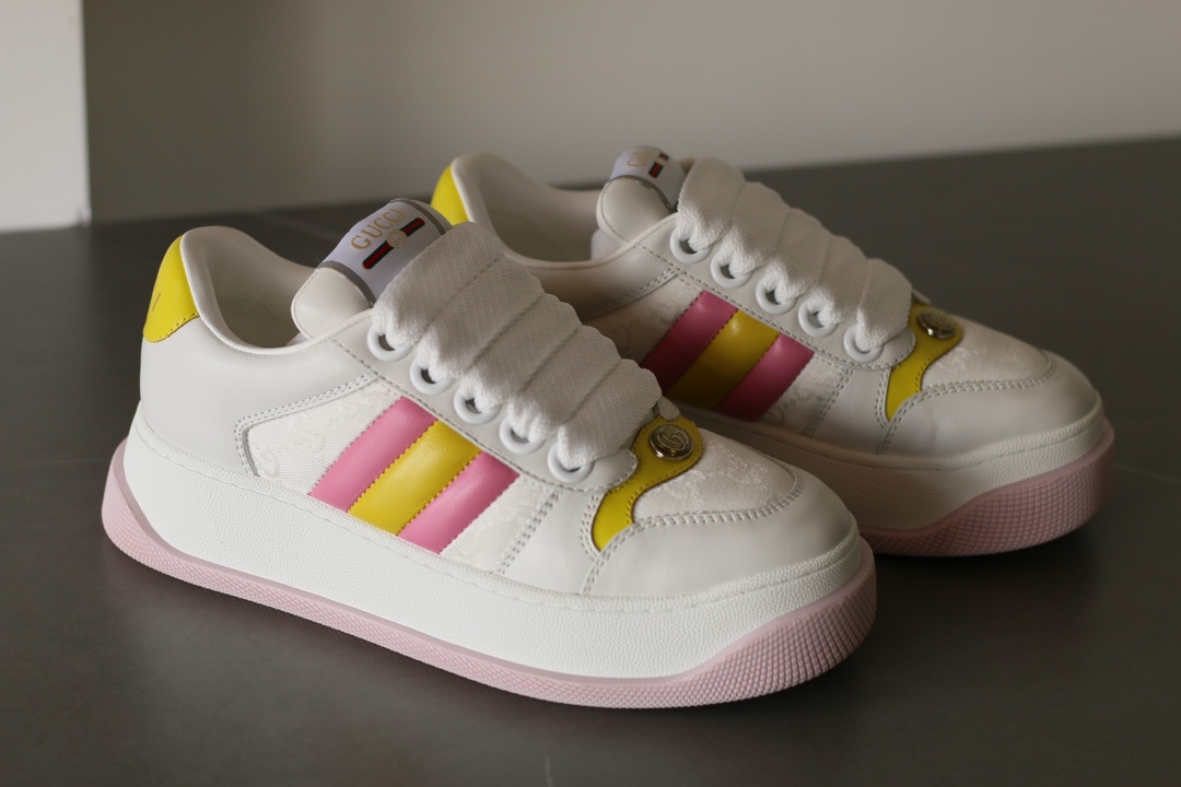 Gucci Screener Leather Lace-Up Sneakers Women Pink - Image 3