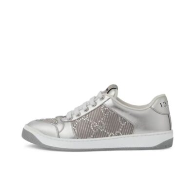 Gucci Screener Leather Round Toe Sneakers Women Silver
