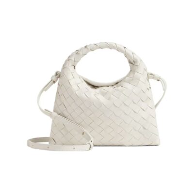 Bottega Veneta Hop Mini Intrecciato Calfskin Tote Shoulder Crossbody Bag with Magnetic Closure – White