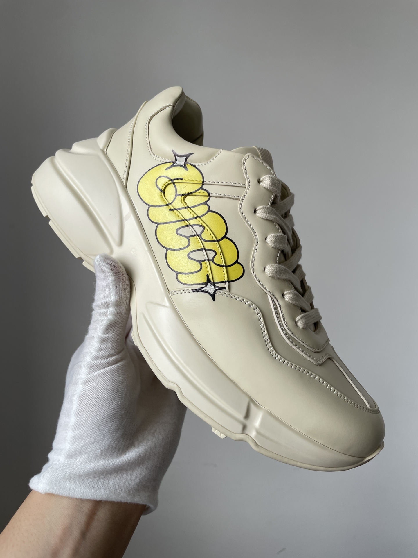 Gucci Rhyton Leather Low-Top Casual Shoes Men Beige - Image 4