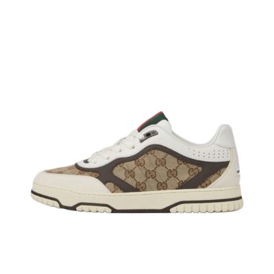 Gucci Re-Web Leather Lace-Up Sneakers Unisex Brown Beige