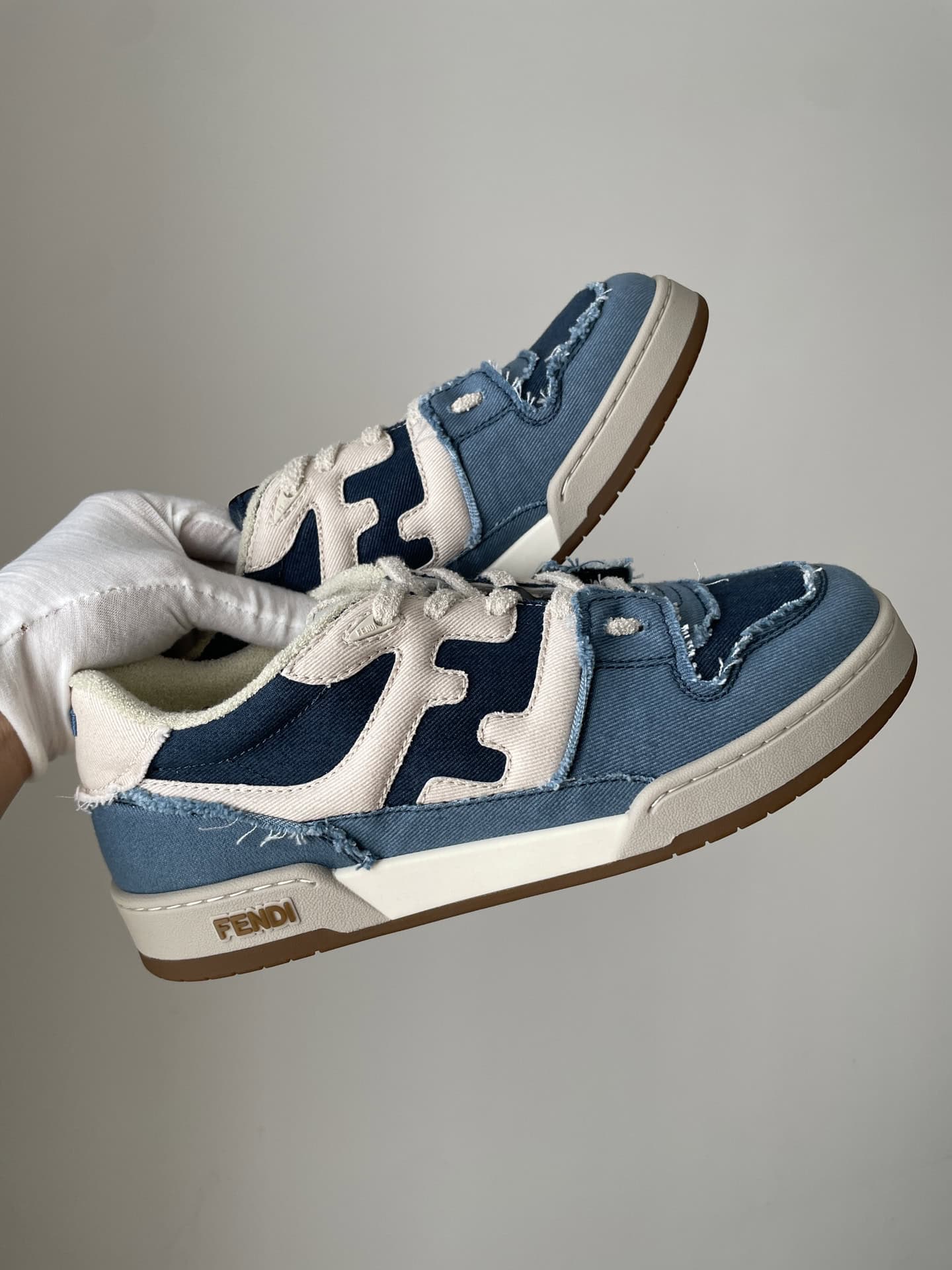 Fendi Match Denim Lace-Up Low-Top Fashion Sneakers Unisex Blue White - Image 2
