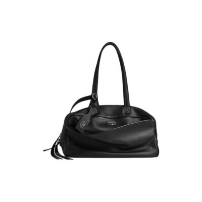 Balenciaga Carrie Logo Embossed Gold-Foil Medium Bowling Bag in Calfskin Leather – Black
