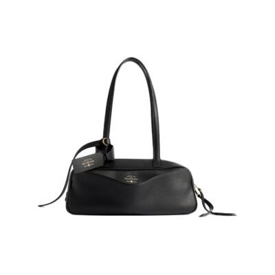 Balenciaga Carrie Logo Embossed Gold-Foil Small Bowling Bag in Calfskin Leather – Black