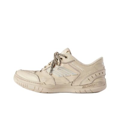 Balenciaga Hamptons Worn-Out Calfskin, Leather Round-Toe Lace-Up Low-Top Distressed Beige Sneakers for Women