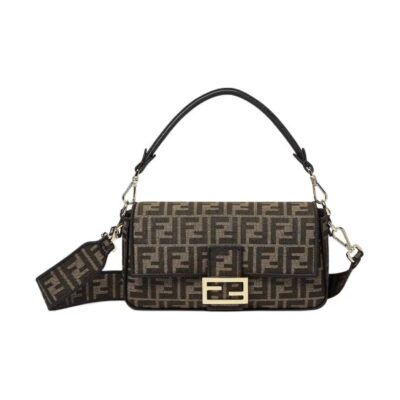 Fendi Baguette FF Jacquard Medium Shoulder and Handbag with Black Embroidery Trim – Brown