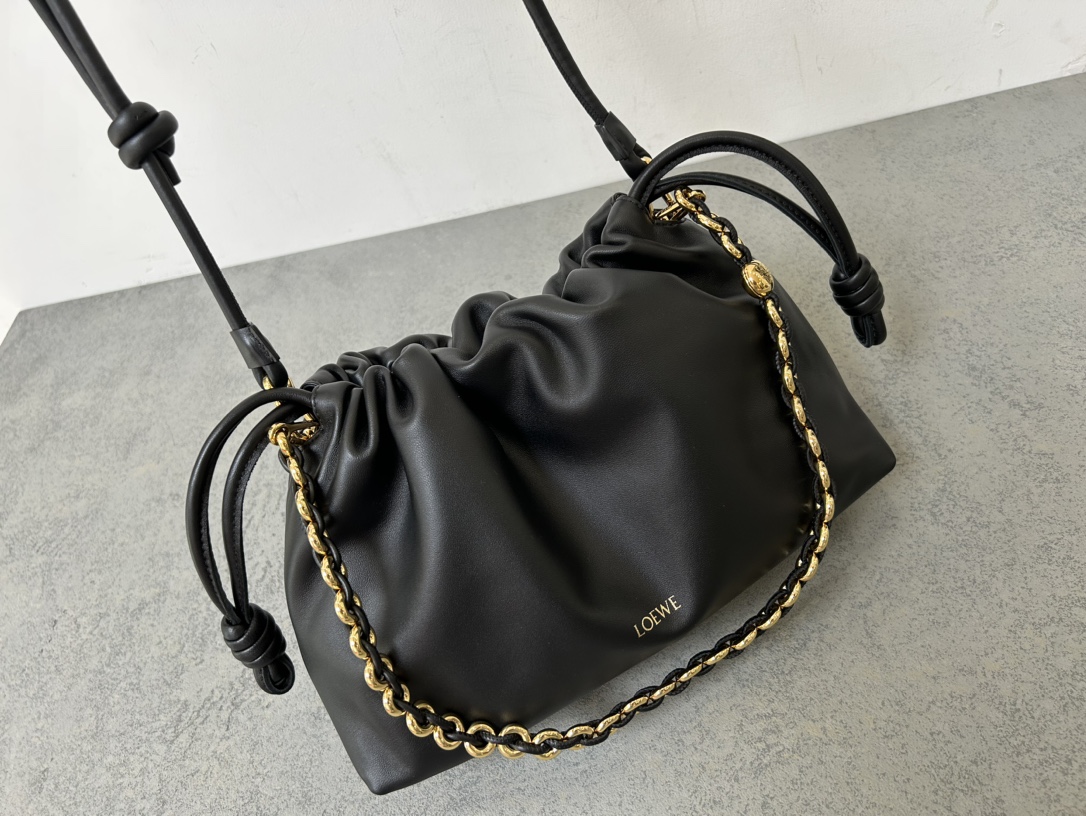 LOEWE Flamenco Purse Nappa Lambskin Shoulder Crossbody Clutch Bag with Donut Chain – Black - Image 5