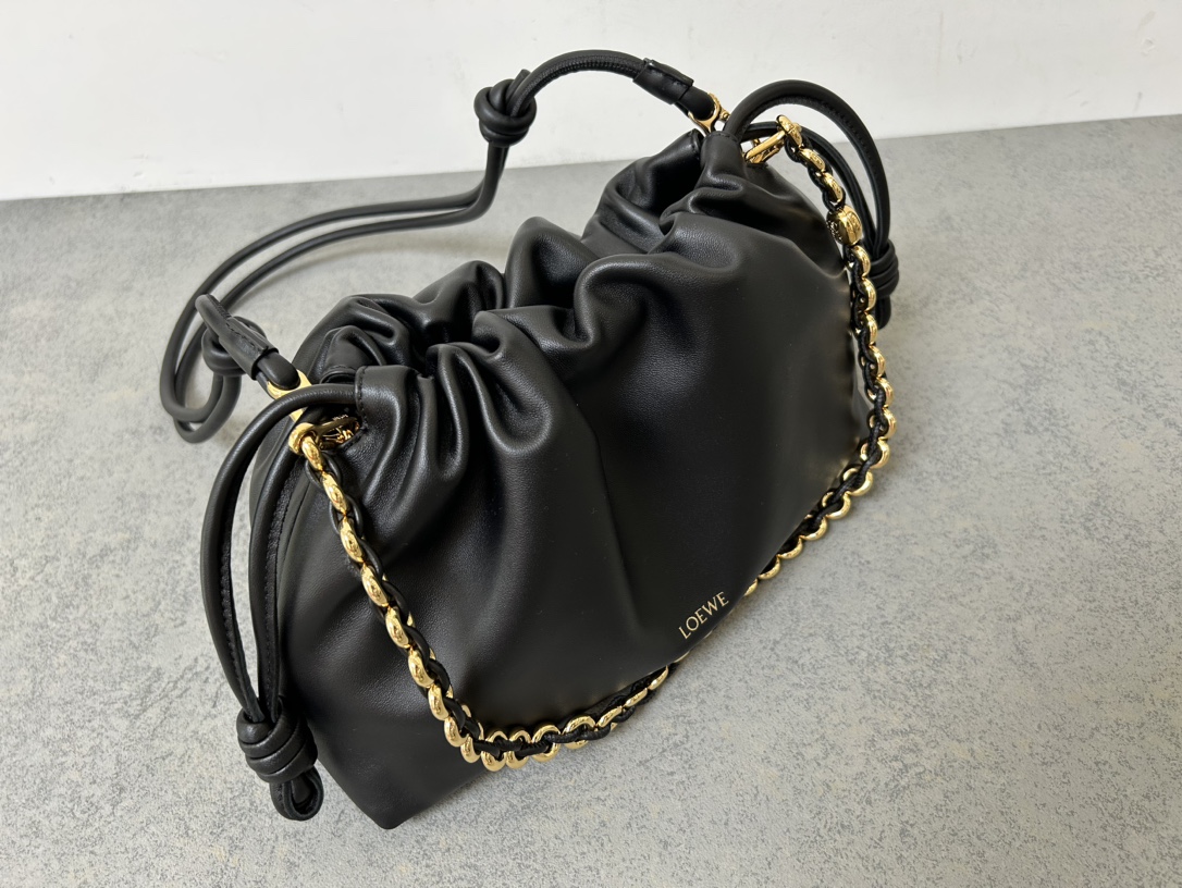 LOEWE Flamenco Purse Nappa Lambskin Shoulder Crossbody Clutch Bag with Donut Chain – Black - Image 7