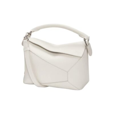 LOEWE Puzzle Edge Small Grained Calfskin Shoulder Crossbody Bag with Adjustable Strap – White