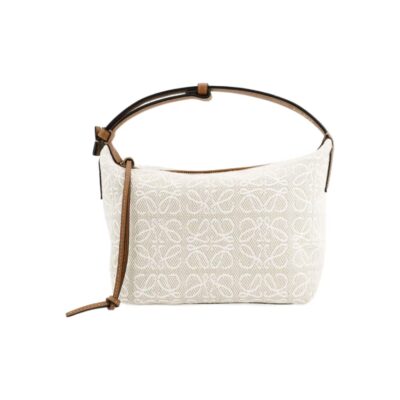LOEWE Cubi Anagram Small Shoulder Tote Bag in Jacquard Fabric and Calfskin – Off-White & Tan