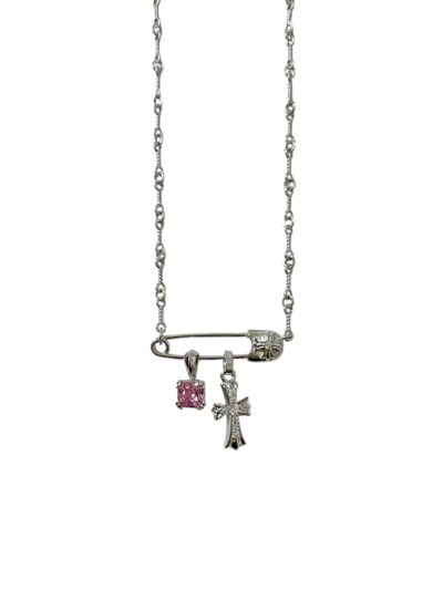 Chrome Hearts White Gold Pink Diamond Cross Necklace