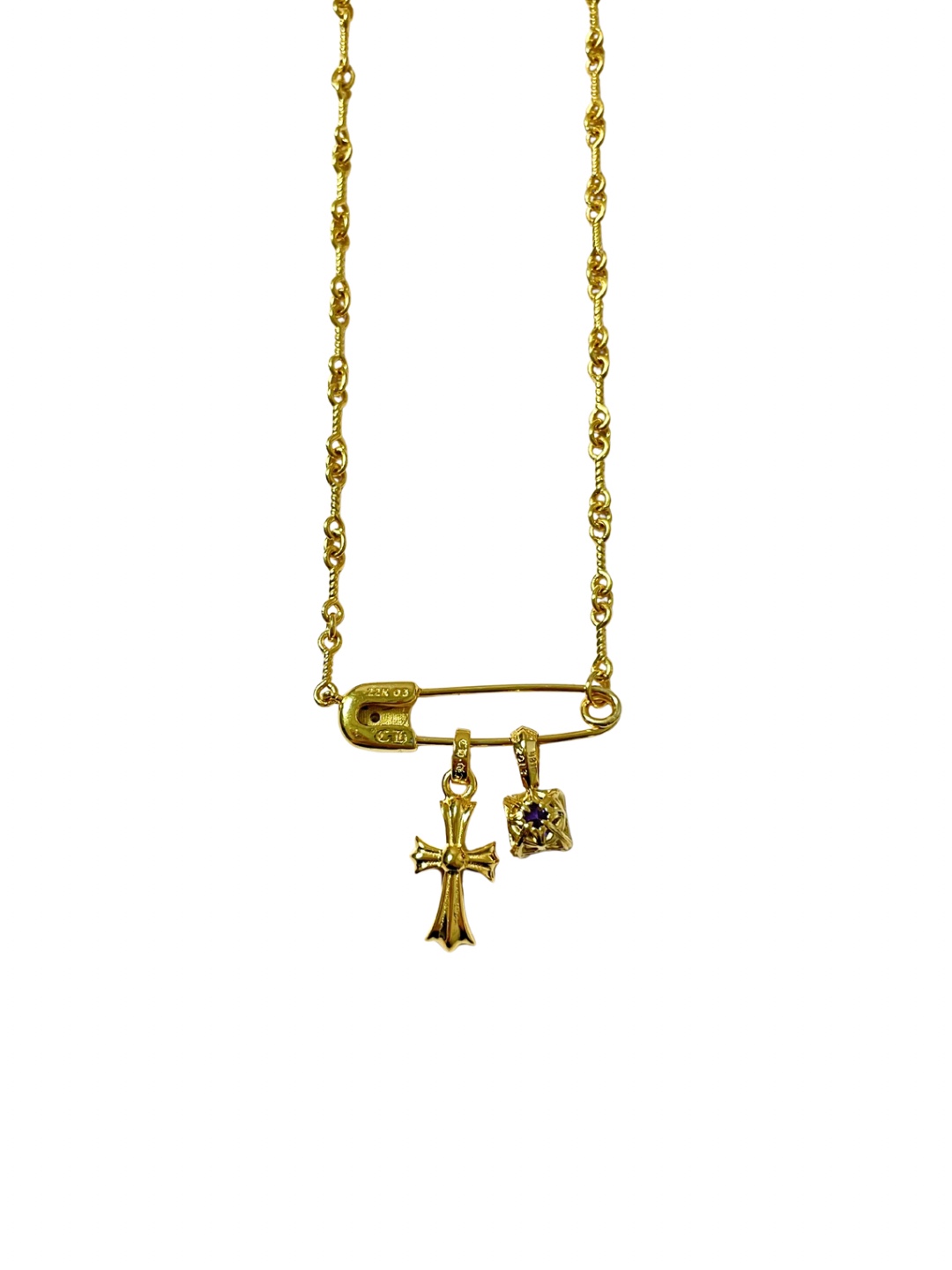 Chrome Hearts Purple Diamond Safety Pin Cross Necklace - Image 2