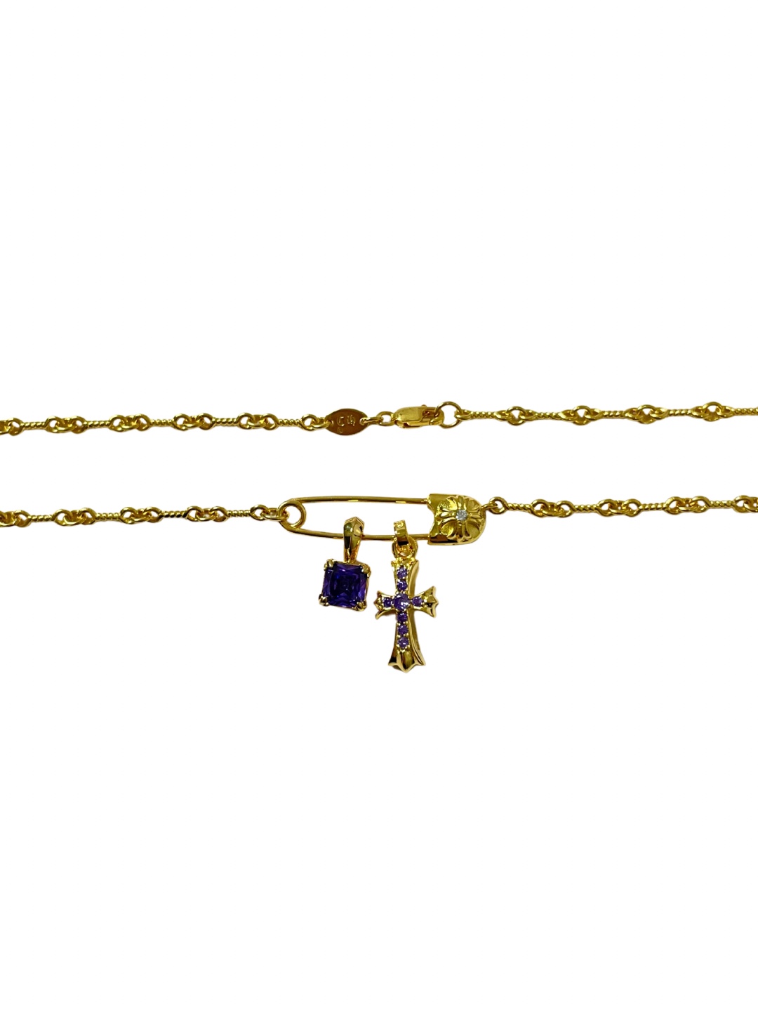 Chrome Hearts Purple Diamond Safety Pin Cross Necklace - Image 3