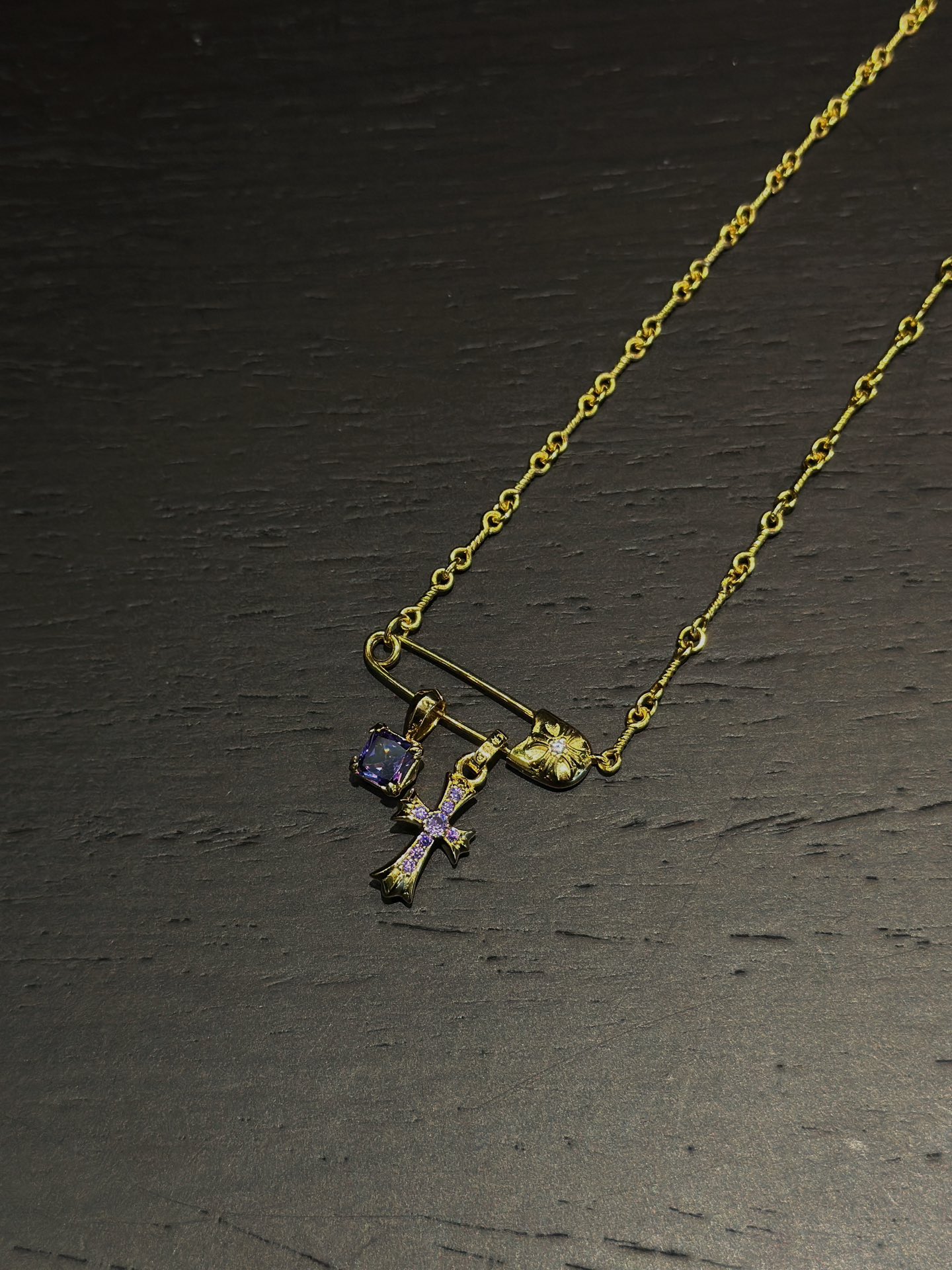 Chrome Hearts Purple Diamond Safety Pin Cross Necklace - Image 4