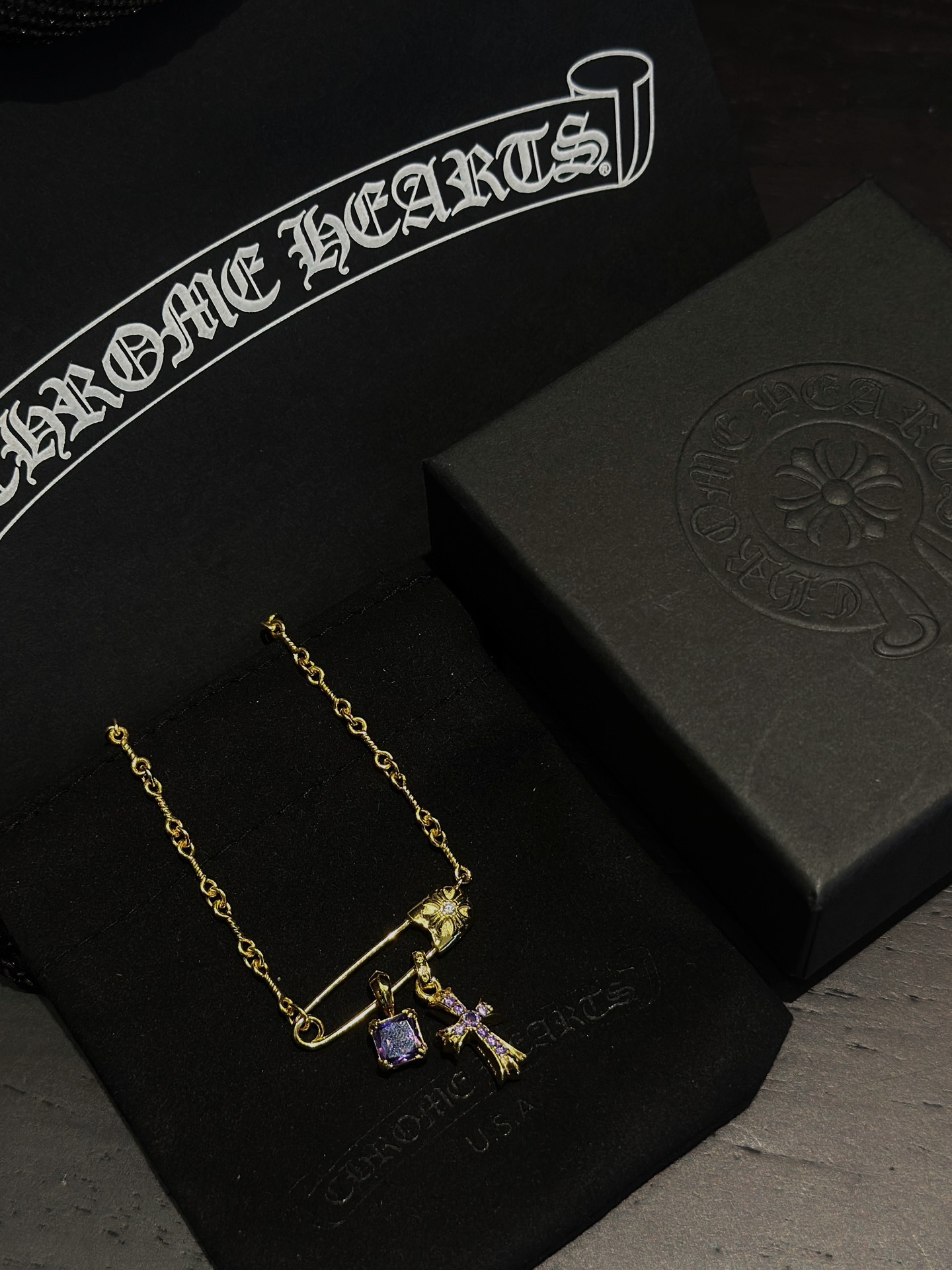 Chrome Hearts Purple Diamond Safety Pin Cross Necklace - Image 7
