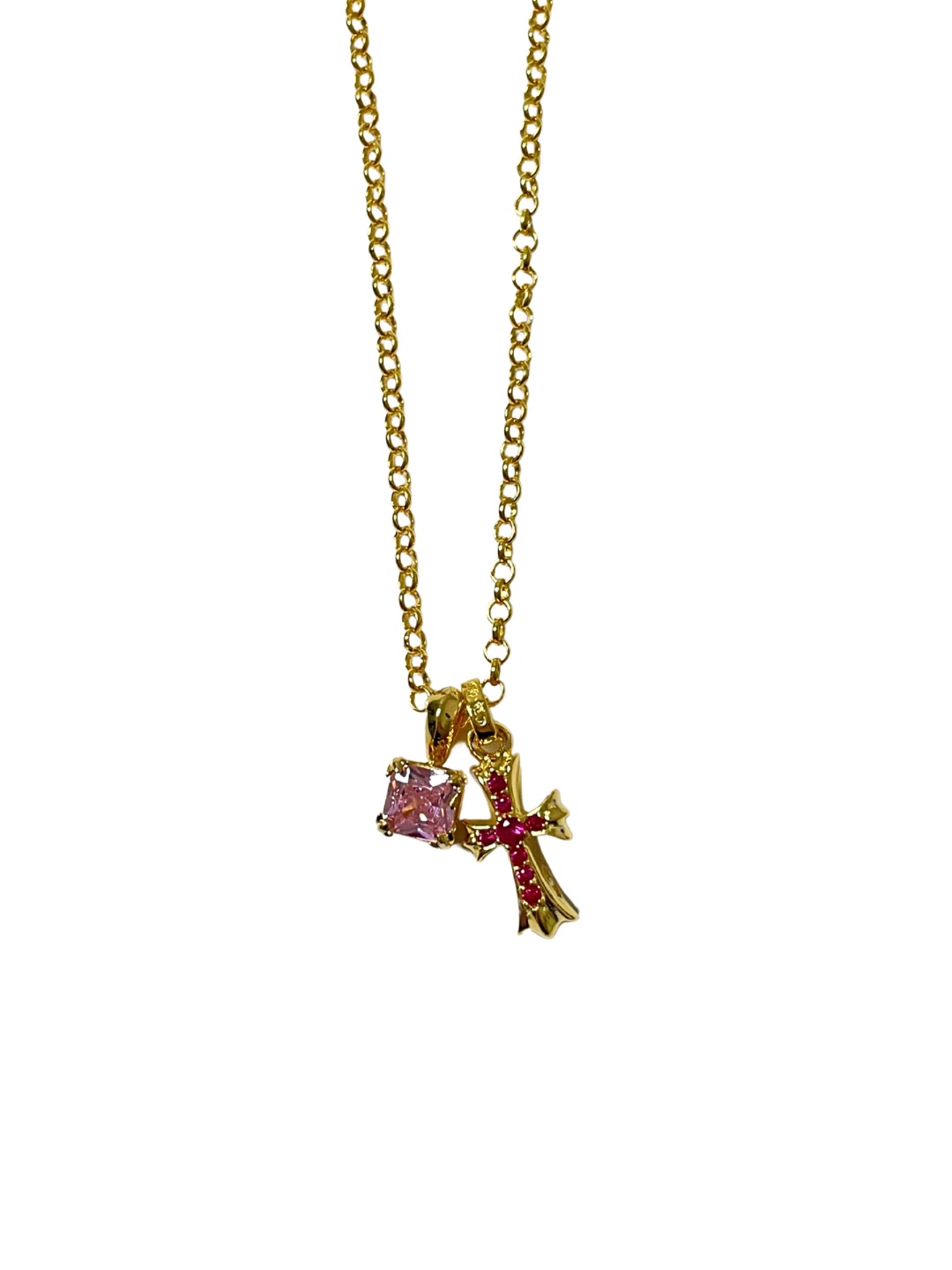 Chrome Hearts Gold Pink & Red Diamond Cross Necklace