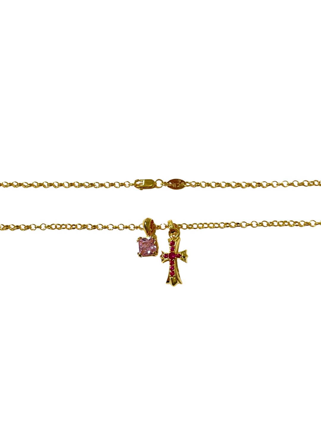 Chrome Hearts Gold Pink & Red Diamond Cross Necklace - Image 3