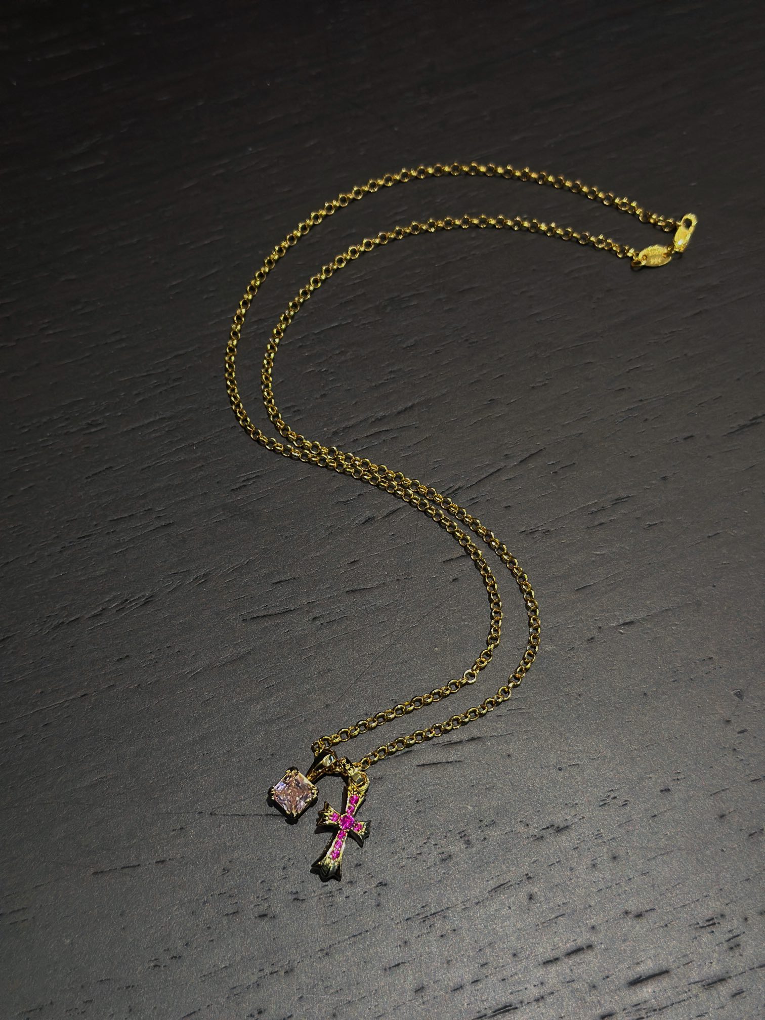 Chrome Hearts Gold Pink & Red Diamond Cross Necklace - Image 6