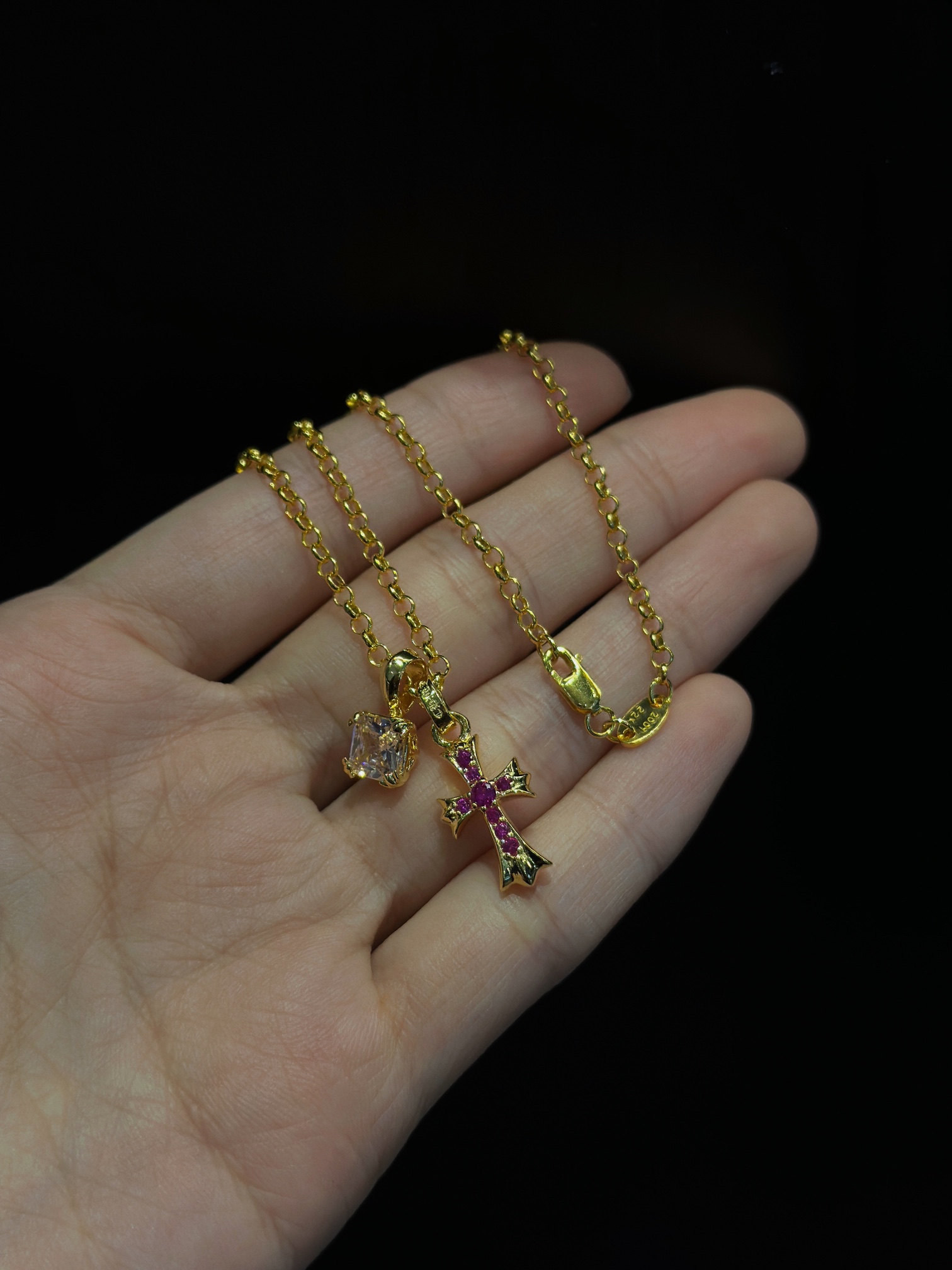 Chrome Hearts Gold Pink & Red Diamond Cross Necklace - Image 7