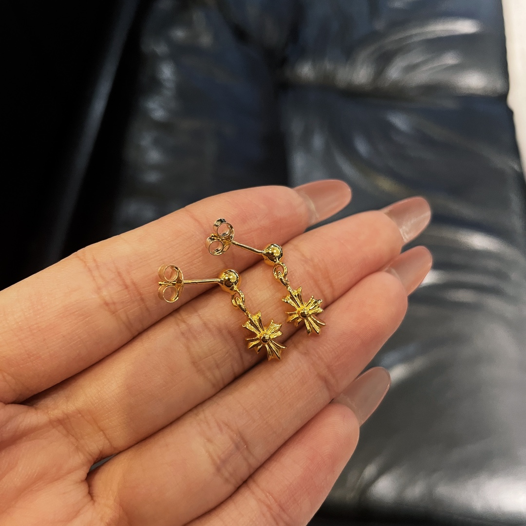 Chrome Hearts Gold-Plated Cross Earrings with Diamonds - Image 6