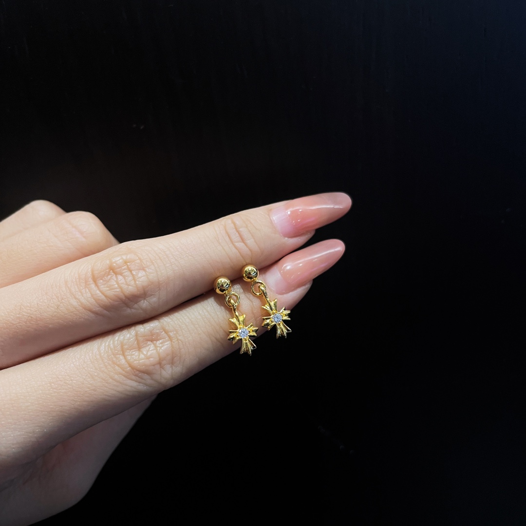 Chrome Hearts Gold-Plated Cross Earrings with Diamonds - Image 7