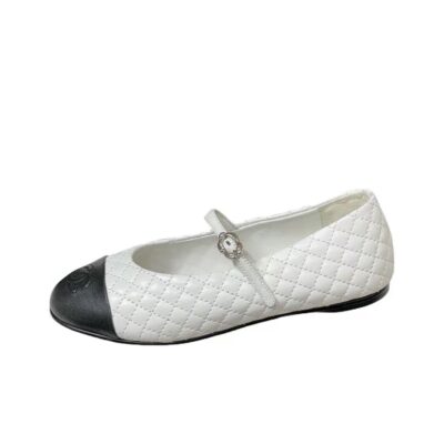 Chanel 25A Lambskin Quilted Buckle Flat Mary Jane Shoes Women White