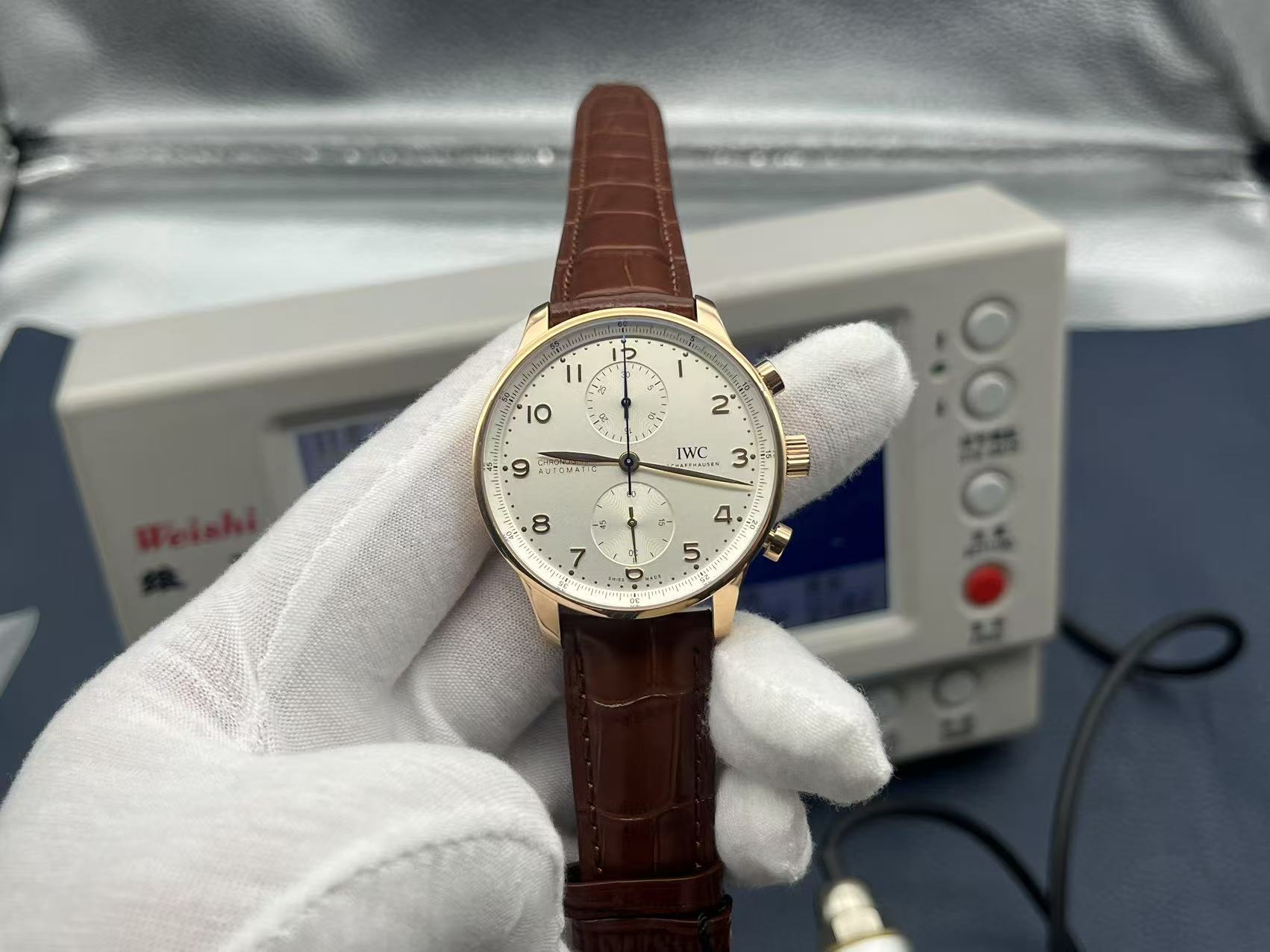 IWC Portuguese Chronograph 41mm White Dial 18K Red Gold Case Leather Strap - Image 3