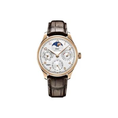 IWC Portuguese Perpetual Calendar Automatic Mechanical Movement Moon Phase Power Reserve Water Resistant Men’s Watch Swiss Watch 44.2mm White Dial 18K Red Gold Case Alligator Leather Strap
