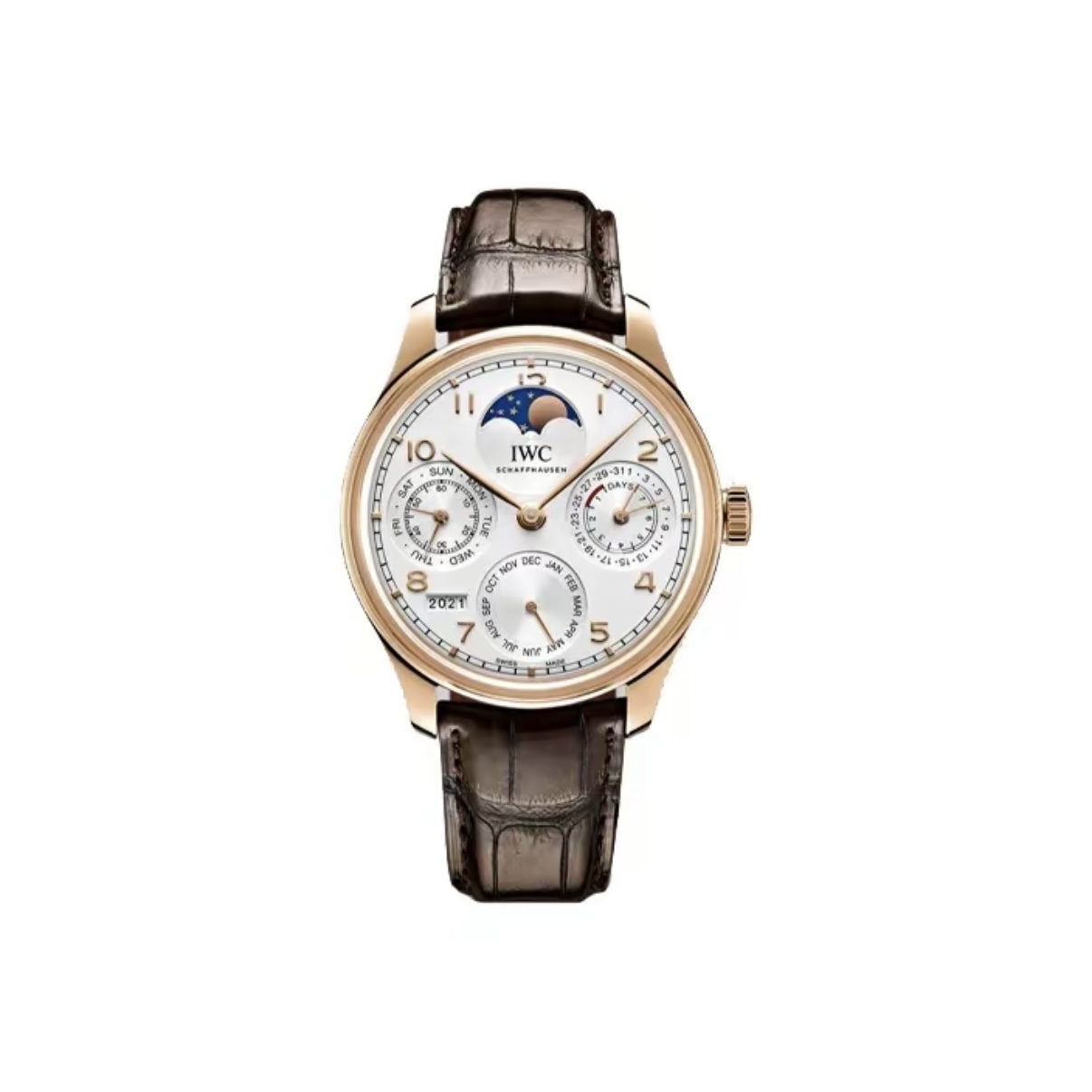 IWC Portuguese Perpetual Calendar Automatic Mechanical Movement Moon Phase Power Reserve Water Resistant Men’s Watch Swiss Watch 44.2mm White Dial 18K Red Gold Case Alligator Leather Strap