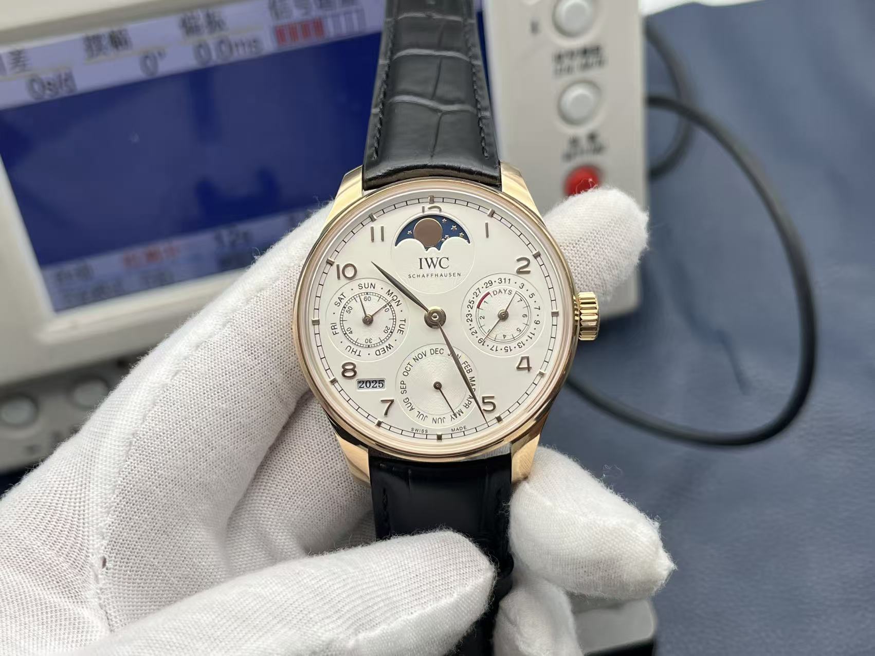 IWC Portuguese Perpetual Calendar Automatic Mechanical Movement Moon Phase Power Reserve Water Resistant Men’s Watch Swiss Watch 44.2mm White Dial 18K Red Gold Case Alligator Leather Strap - Image 3