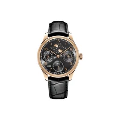 IWC Portuguese Perpetual Calendar Automatic Mechanical Movement Moon Phase Power Reserve Water Resistant Men’s Watch Swiss Watch 44.2mm Black Dial 18K Red Gold Case Alligator Leather Strap