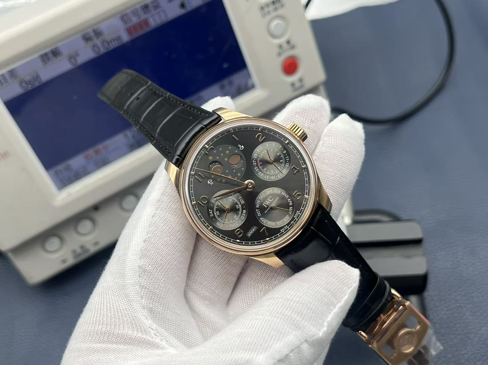 IWC Portuguese Perpetual Calendar Automatic Mechanical Movement Moon Phase Power Reserve Water Resistant Men’s Watch Swiss Watch 44.2mm Black Dial 18K Red Gold Case Alligator Leather Strap - Image 2