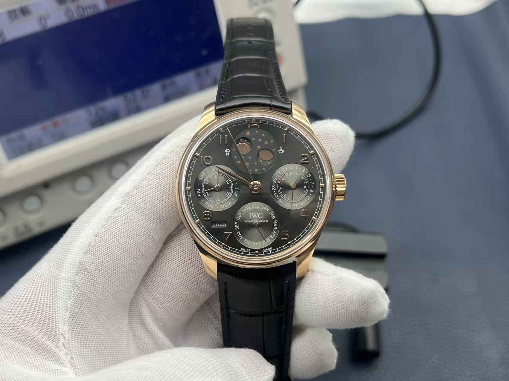 IWC Portuguese Perpetual Calendar Automatic Mechanical Movement Moon Phase Power Reserve Water Resistant Men’s Watch Swiss Watch 44.2mm Black Dial 18K Red Gold Case Alligator Leather Strap - Image 3