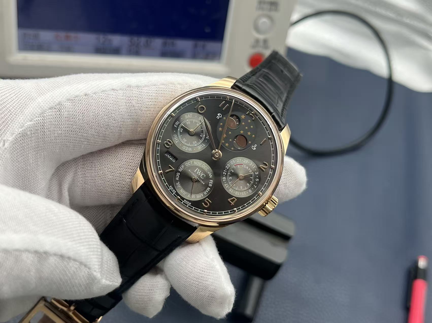 IWC Portuguese Perpetual Calendar Automatic Mechanical Movement Moon Phase Power Reserve Water Resistant Men’s Watch Swiss Watch 44.2mm Black Dial 18K Red Gold Case Alligator Leather Strap - Image 4