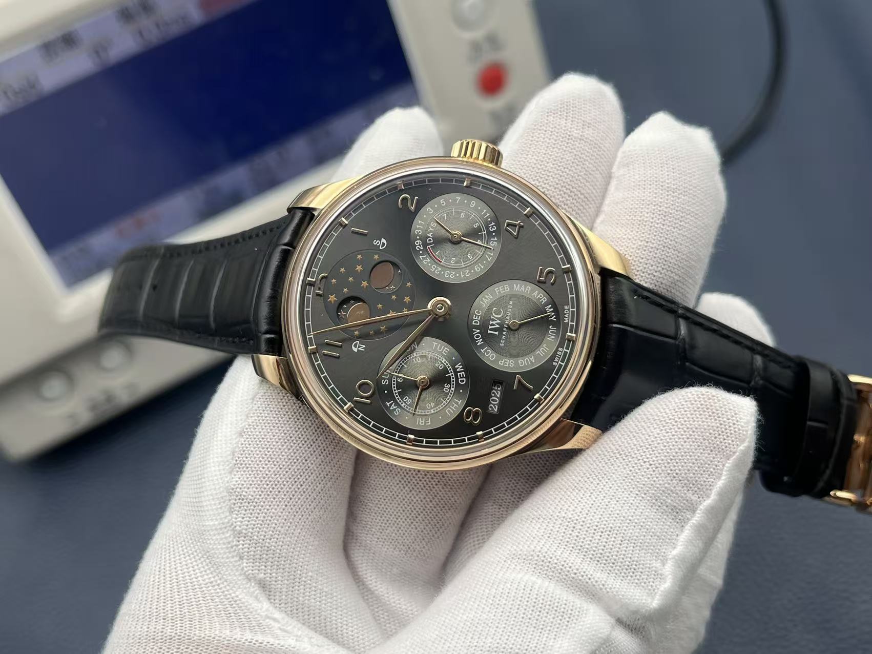 IWC Portuguese Perpetual Calendar Automatic Mechanical Movement Moon Phase Power Reserve Water Resistant Men’s Watch Swiss Watch 44.2mm Black Dial 18K Red Gold Case Alligator Leather Strap - Image 5