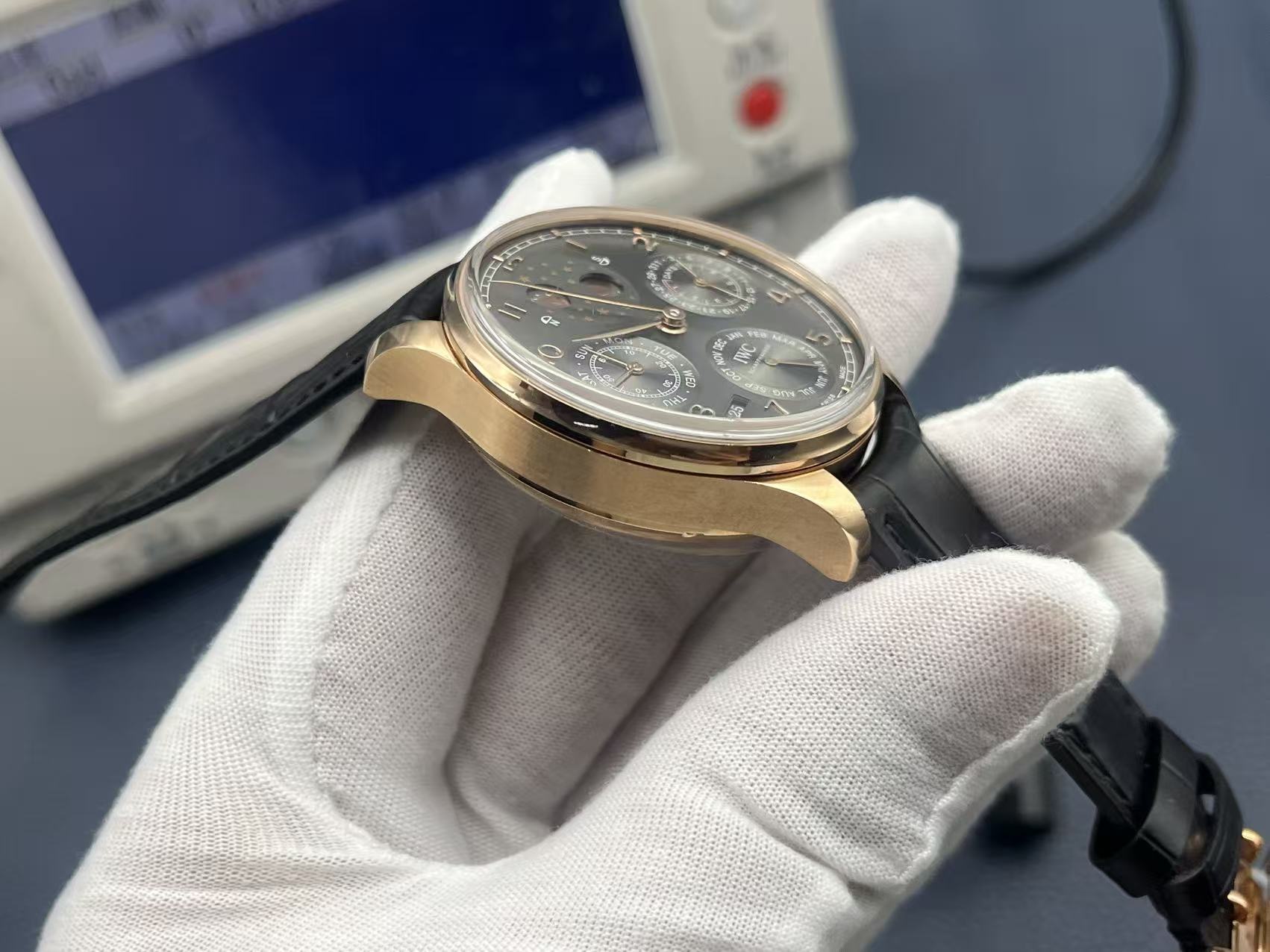 IWC Portuguese Perpetual Calendar Automatic Mechanical Movement Moon Phase Power Reserve Water Resistant Men’s Watch Swiss Watch 44.2mm Black Dial 18K Red Gold Case Alligator Leather Strap - Image 6