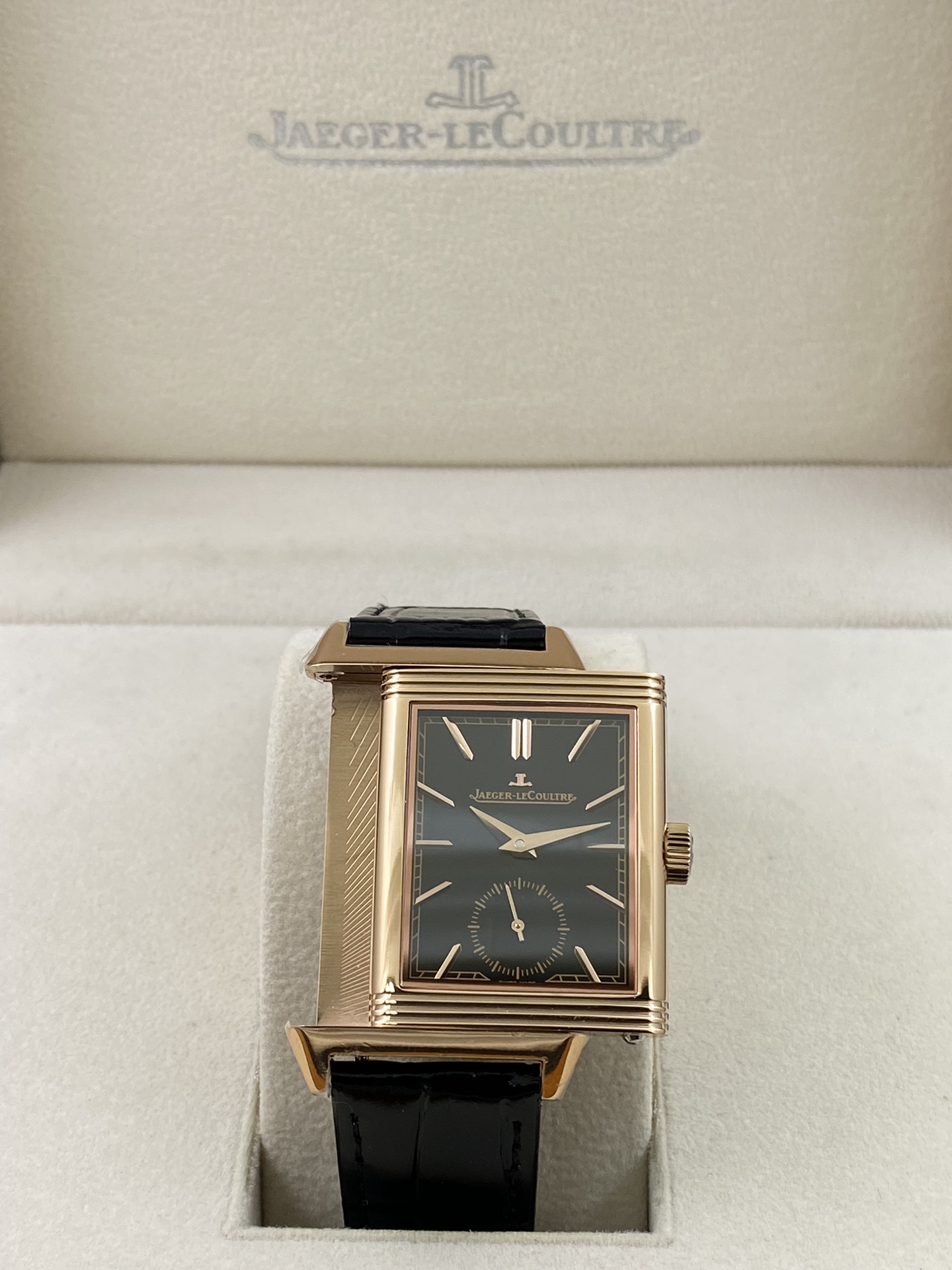 Jaeger-LeCoultre Reverso Manual-Winding Black Dial 18K Rose Gold Case Canvas Leather Strap Men’s Watch 27.4mm - Image 3