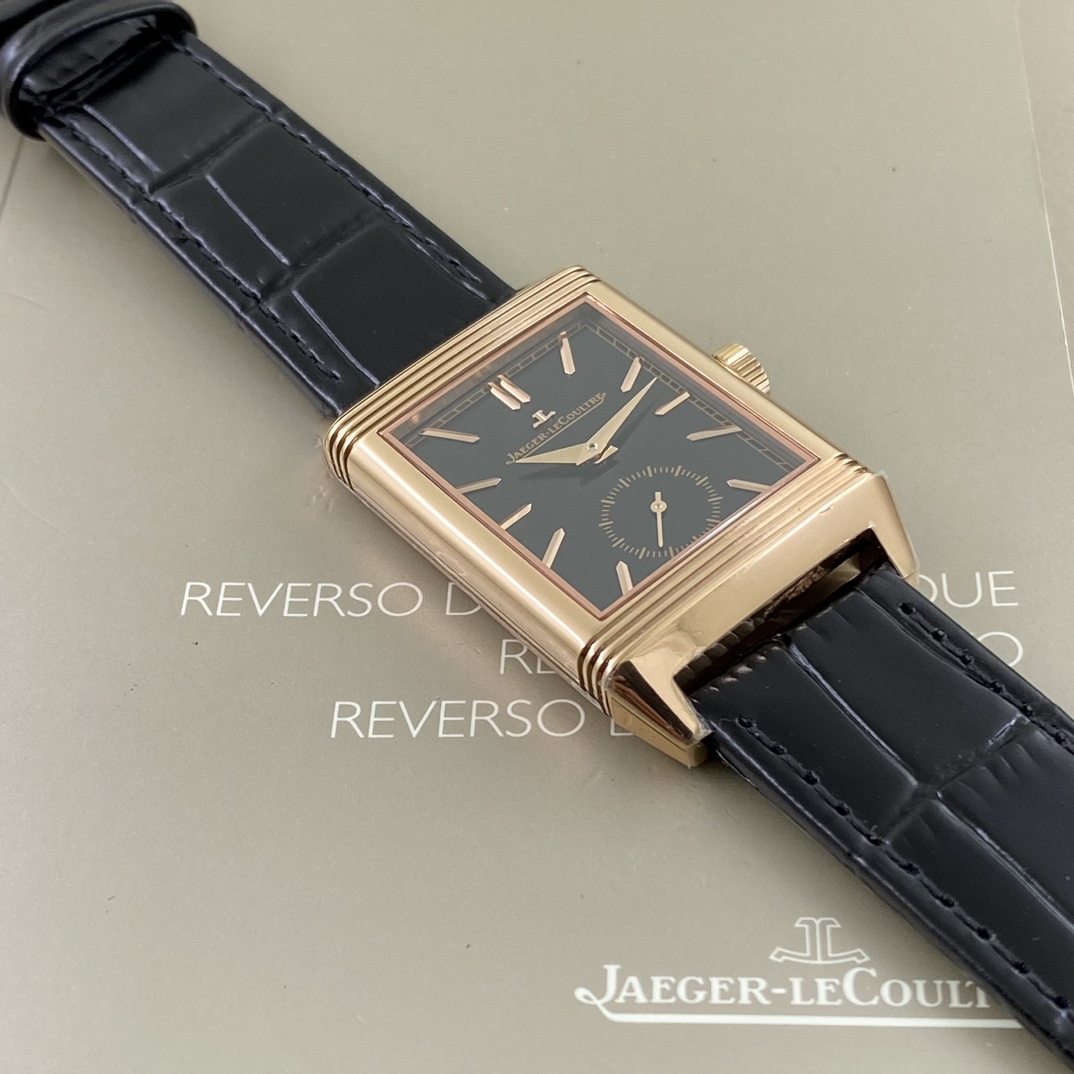 Jaeger-LeCoultre Reverso Manual-Winding Black Dial 18K Rose Gold Case Canvas Leather Strap Men’s Watch 27.4mm - Image 5