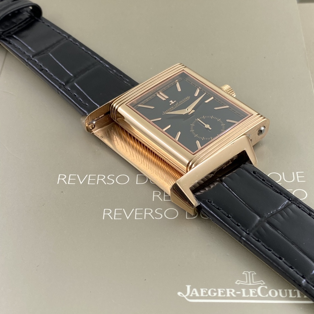Jaeger-LeCoultre Reverso Manual-Winding Black Dial 18K Rose Gold Case Canvas Leather Strap Men’s Watch 27.4mm - Image 6