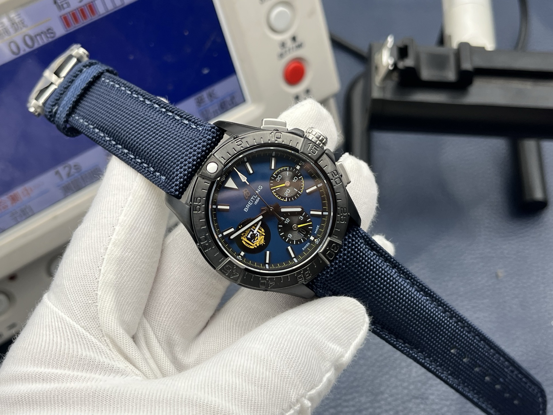 Breitling Avenger Automatic Chronograph Men’s Watch 44mm Blue Dial Ceramic Case with Calf Leather Strap - Image 2