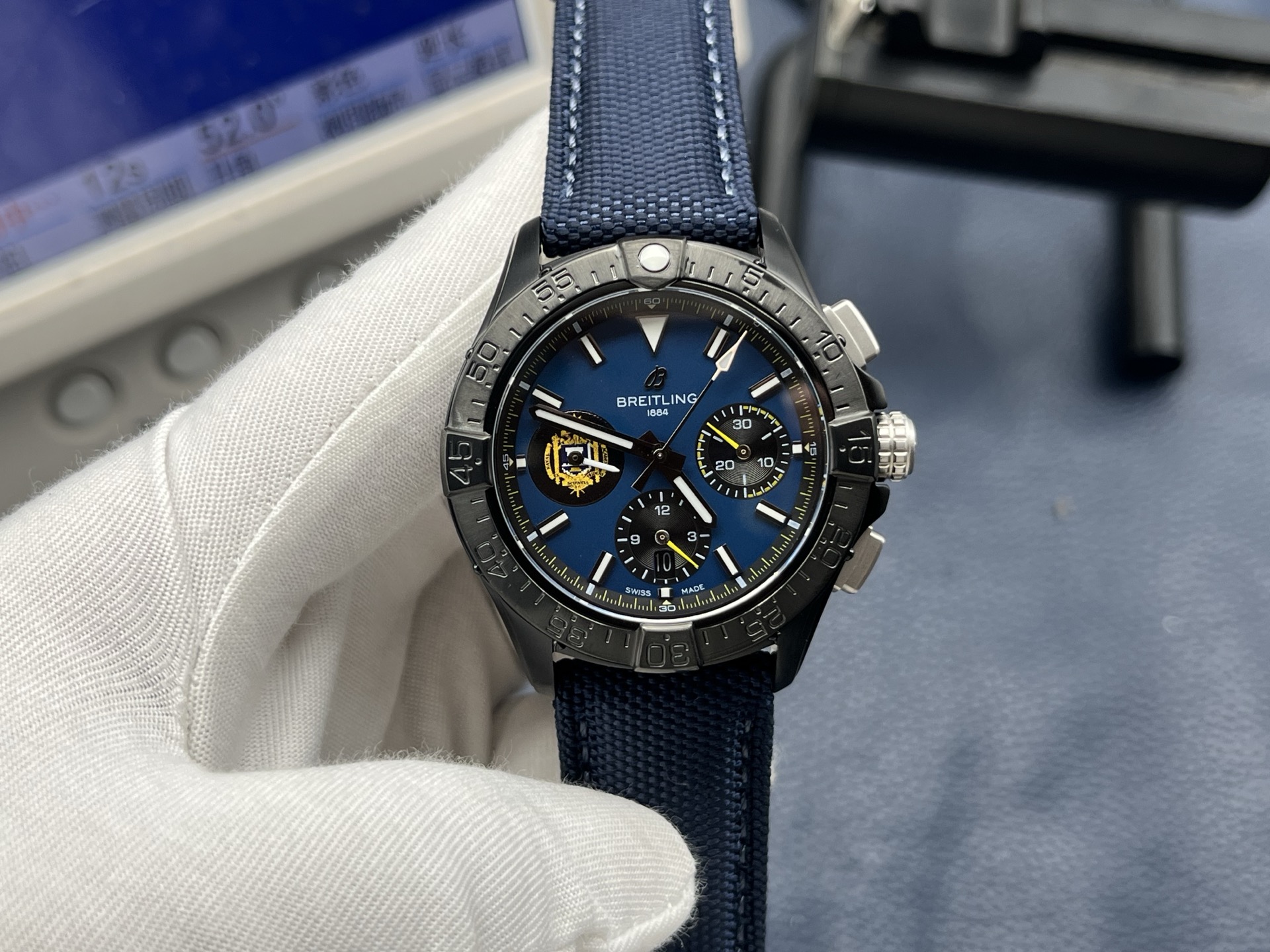 Breitling Avenger Automatic Chronograph Men’s Watch 44mm Blue Dial Ceramic Case with Calf Leather Strap - Image 3