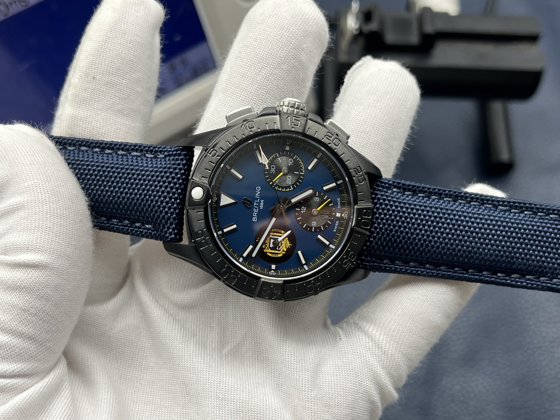 Breitling Avenger Automatic Chronograph Men’s Watch 44mm Blue Dial Ceramic Case with Calf Leather Strap - Image 5