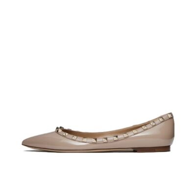 Valentino Rockstud Leather Patent Fashion Flat Studded Shoes Women Nude