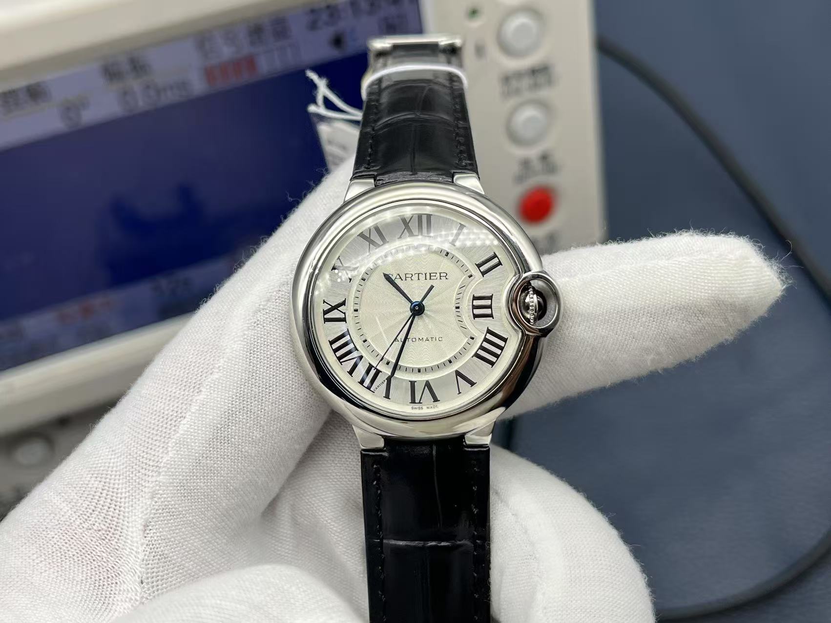 Cartier Ballon Bleu Series Automatic Mechanical Men’s Watch 36.6mm White Dial 18K White Gold Case with Alligator Leather Strap - Image 3