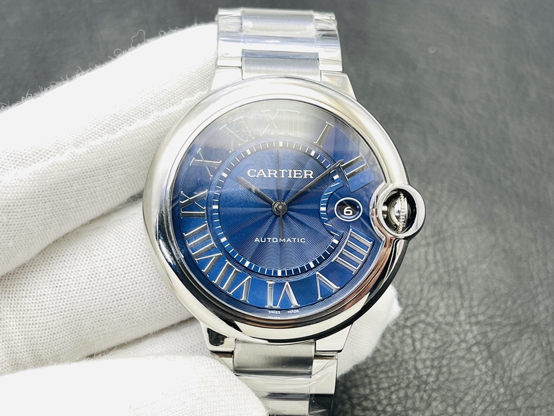 Cartier Ballon Bleu Series Automatic Mechanical Men’s Watch 42mm Blue Dial Stainless Steel Case with Alligator Leather Strap - Image 3