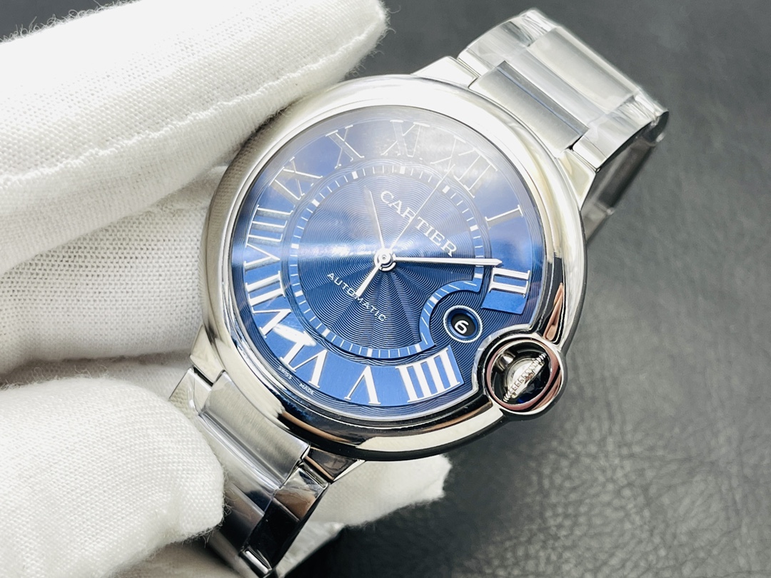 Cartier Ballon Bleu Series Automatic Mechanical Men’s Watch 42mm Blue Dial Stainless Steel Case with Alligator Leather Strap - Image 4