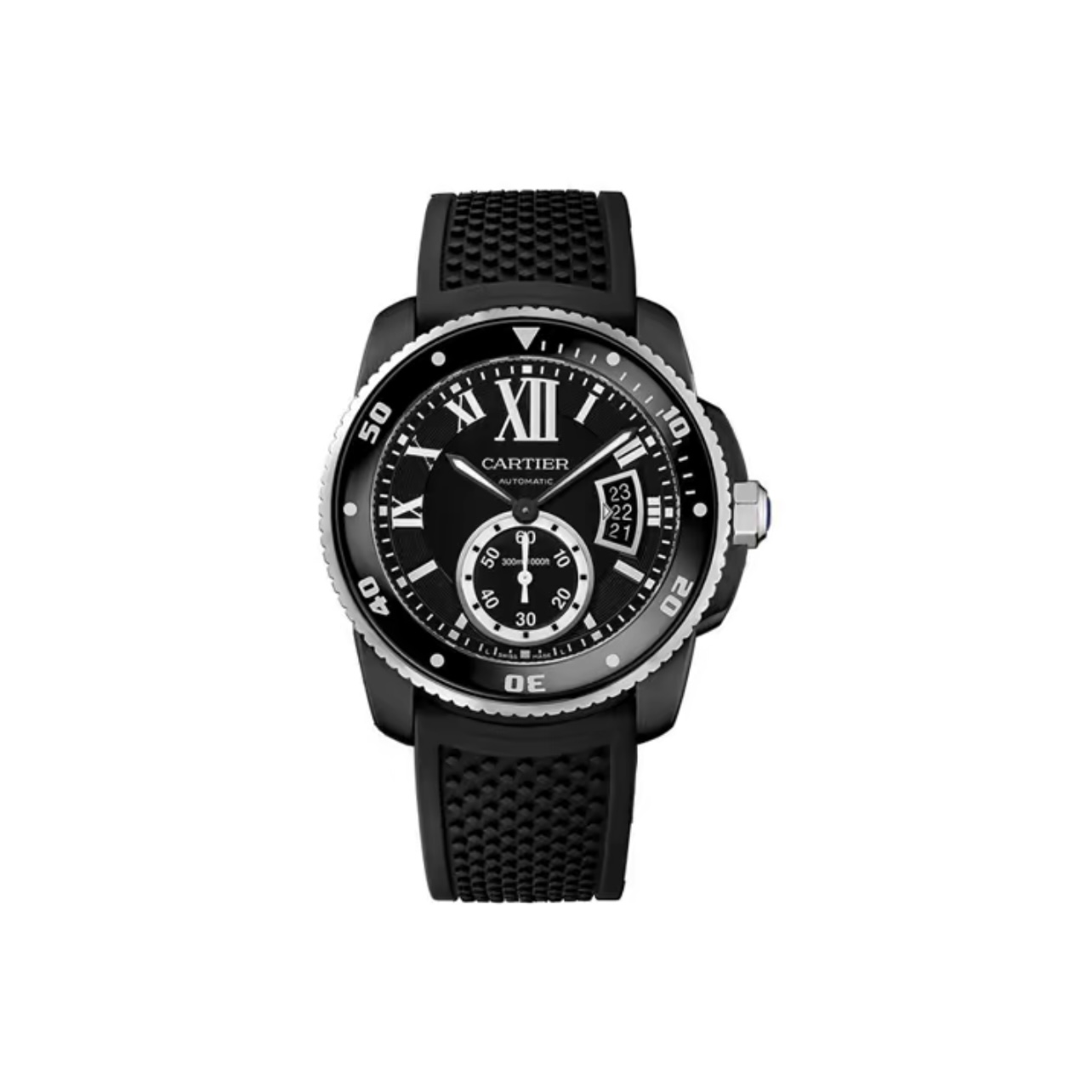 Cartier Calibre de Cartier Series Automatic Mechanical Men’s Watch 42mm Black Dial Stainless Steel Case with Rubber Strap